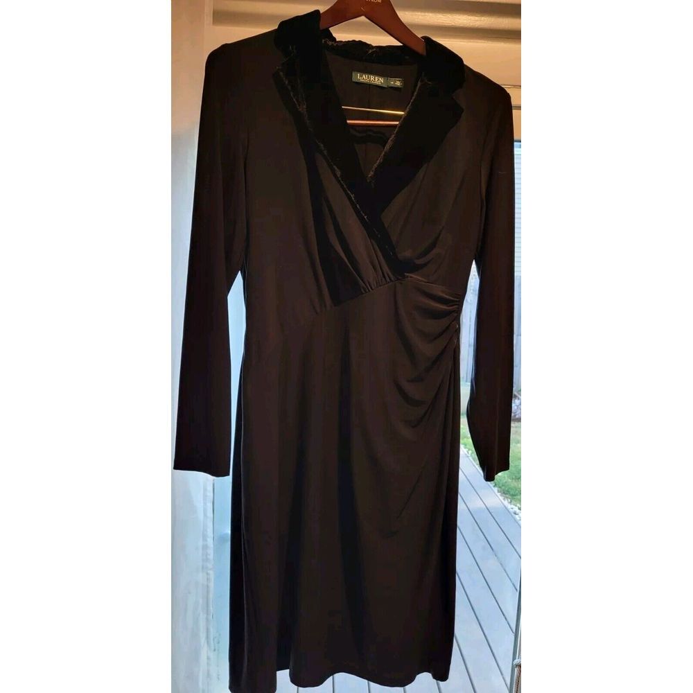 RALPH LAUREN Black Stretch Jersey Velvet Lapel Surplice Sheath Dress‎ 14